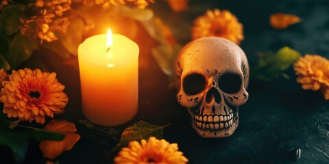 Halloween Scary Skull Decor with Yellow Flowers