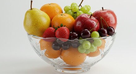 Bowl of fresh fruits including apples, oranges, grapes, strawberries, cherries and a pear on a white background