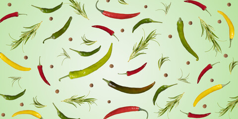 Obraz premium Bright summer green background of colorful hot pepper, rosemary and peppercorn seasoning. Healthy food, fresh healthy vegetables