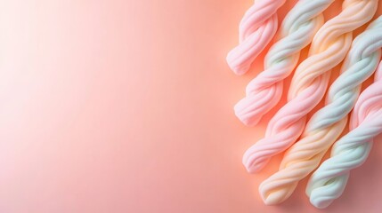 Close-up view of colorful marshmallow twists placed on a soft pastel gradient background, highlighting textures and vibrant hues under gentle lighting