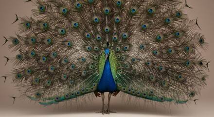 Obraz premium Majestic Peacock Display - A vibrant peacock with its feathers fully spread, showcasing intricate details and iridescent colors against a beige background