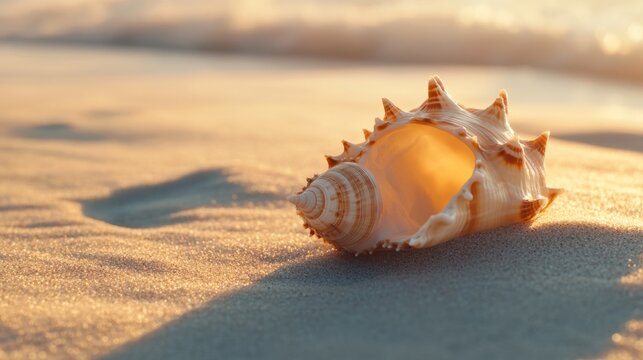 Close up of a seashell resting on sandy beach with ocean waves in the background