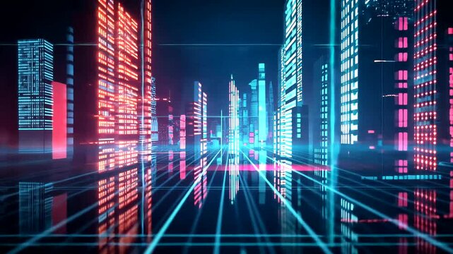 Neon city lights, a digitally-rendered cityscape with blue and red futuristic skyscrapers and vibrant gridlines