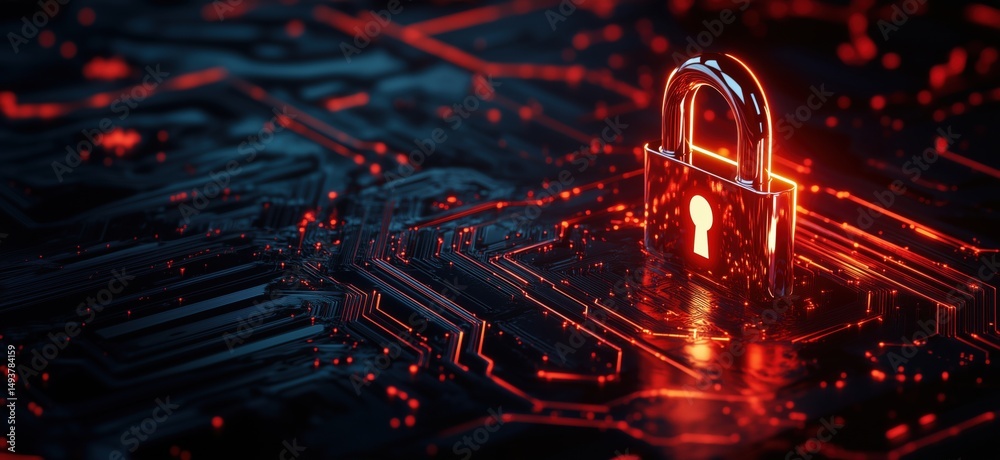 Poster digital security lock on circuit board background representing cybersecurity and data protection