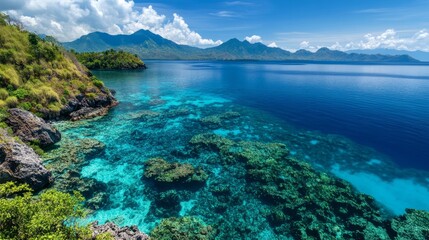 Fototapeta premium Beautiful blue lagoon water in the tropical philippines surrounded by lush green vegetation