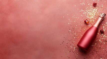 A beautifully arranged pink champagne bottle rests on a soft blush surface surrounded by shimmering gold sequins, evoking a festive and classy ambiance