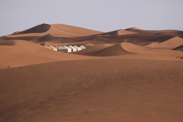 Camp with tents on Sahara desert in Morocco.