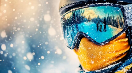 Close-up of Snowboarder with Mirrored Goggles Ready to Conquer Mountain on a Snowy, Winter Day