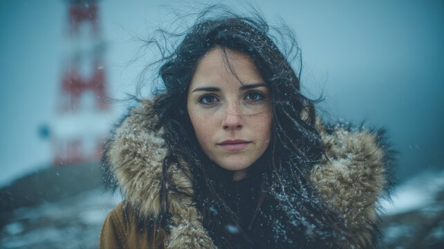 Young Woman with Wind-Blown Dark Hair in a Fur-Lined Coat Surrounded by Snow in a Winter Landscape
