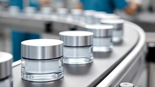 Close-up of skincare product jars moving along automated conveyor belt in modern beauty product manufacturing facility.