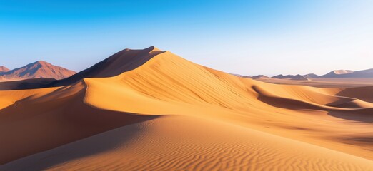 Stunning golden sand dunes under clear blue sky in vast desert landscape