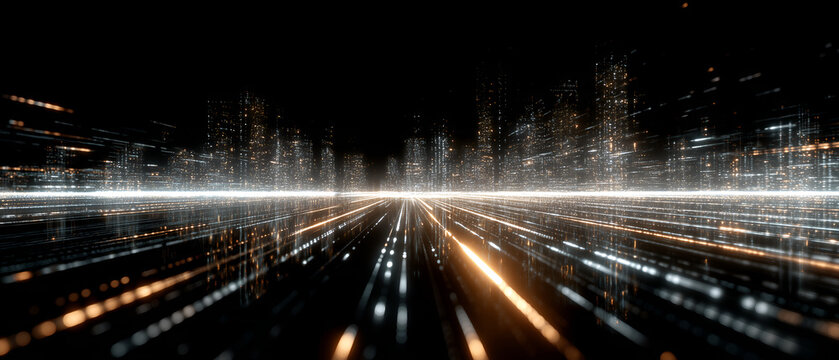 abstract modern city builded with digital warm orange lights; futuristic cityscape; concept of cybernet highway to future