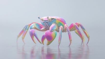 Fototapeta premium A colorful crab with an iridescent shell walking on a calm surface.