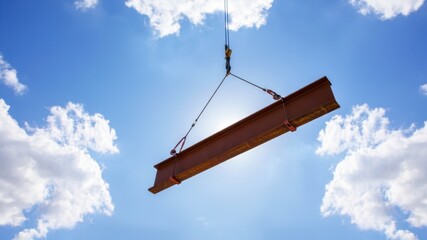 Obraz premium Steel beam being lifted by crane against bright blue sky with clouds, representing construction, heavy industry, infrastructure development, and structural engineering