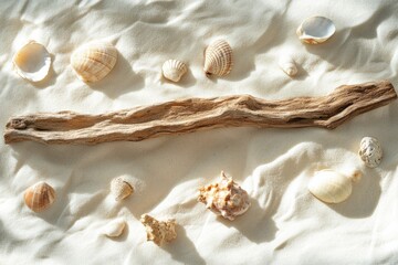 Driftwood on a sandy beach surrounded by various seashells and ocean waves in the background