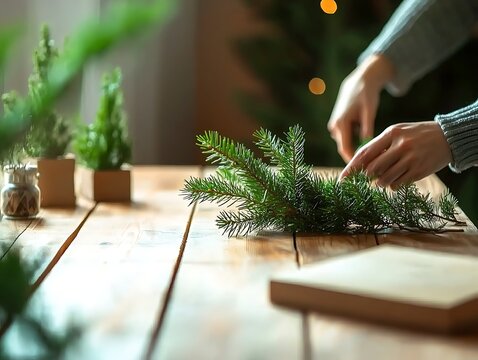 Person arranging Christmas greenery on wooden table - Powered by Adobe