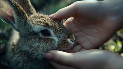 Gentle hands caress a small wild rabbit.