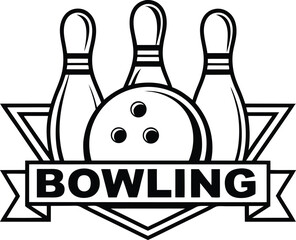 Vintage Bowling Emblem Design Featuring Three Pins and a Ball in a Triangular Frame with a Banner