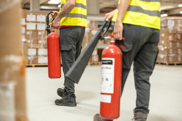 Close-up of a fire extinguisher being carried by two workers in a warehouse. Concept of safety in the workplace. Fire safety