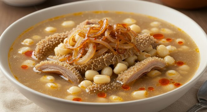 Savory Menudo Soup with Caramelized Onions - Hearty Mexican menudo soup, featuring tender tripe, creamy hominy, rich broth, and caramelized onions. Represents comfort, tradition, flavor, warmth