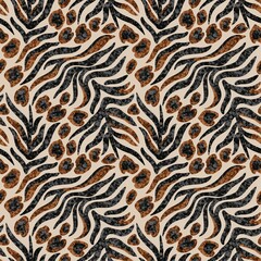 Abstract seamless pattern, animalistic elements, brown and black colors on a beige background