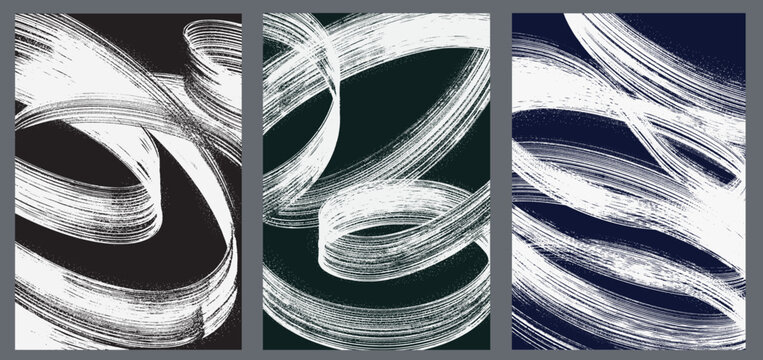 White distressed grainy high texture in various squiggle shapes set. Disintegration, halftone effect,vector bold brush strokes. Template dust overlay distress grain texture for modern grunge posters.