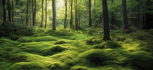 Obraz premium Lush green forest landscape with vibrant moss-covered ground and sunlight filtering through trees