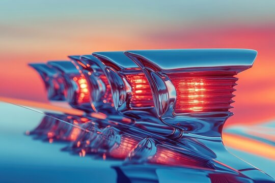 Fototapeta Classic car's tail lights glow at sunset, reflecting vibrant colors and chrome.