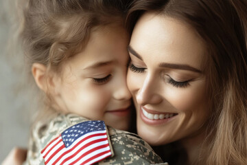 American soldier daughter embracing mother with usa flag patch on uniform