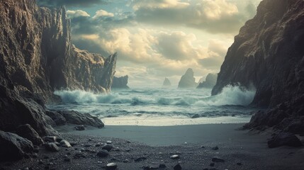 Rocky beach with large wave crashing into rugged shoreline during sunny weather