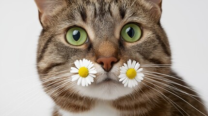 Tabby cat with daisy adorned whiskers and expressive green eyes