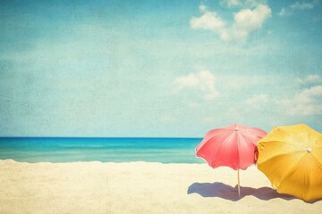 Two colorful umbrellas on a sandy beach with ocean waves in the background