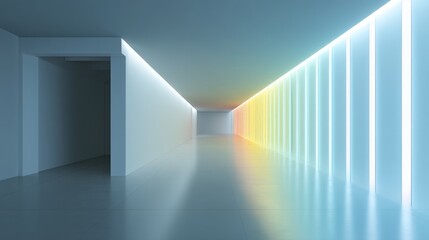 Obraz premium A minimalist corridor illuminated by colorful neon lights, creating a vibrant atmosphere.