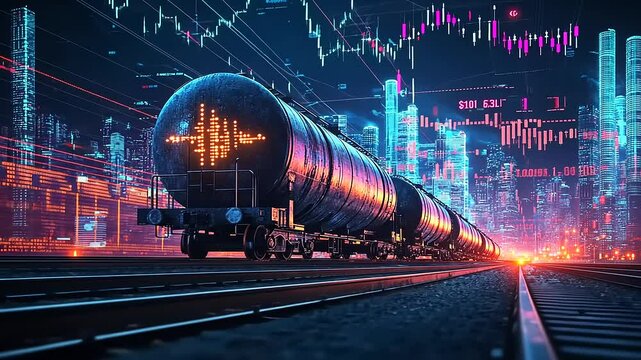 Freight train transporting oil in a futuristic cityscape at night
