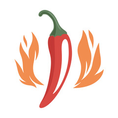 Spicy Chili Pepper With Flames Hot Sauce Logo. Fiery Chili Pepper Illustration For Spicy Food Branding. Chili Pepper Vector Art with Fire for Hot Sauce Label, Icon For Mexican Cuisine