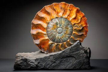A stunning ammonite fossil, beautifully preserved with vibrant orange and teal hues, rests on a dark rock.