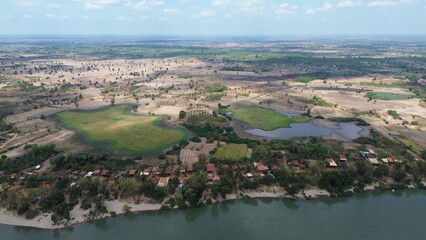 Aerial View of Mekong River Near Kratie, Cambodia – Scenic River Landscape..