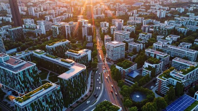 Urban green architecture showcases a sustainable city, Hd drone footage