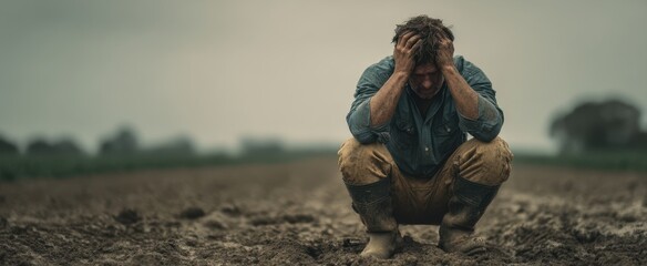 The farmer experiencing emotional struggle in an empty field.