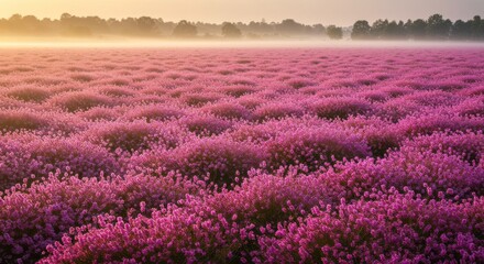 Fototapeta premium Sunrise Panorama Flower Field - Serene sunrise over a vast field of purple flowers, symbolizing peace, beauty, tranquility, abundance, and renewal