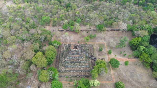 Drone Aerial Footage of Koh Ker Pyramid, Ancient Temple Complex, Cambodia..