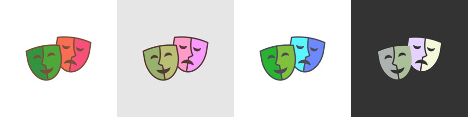 Drama and comedy theater mask vector icon set in different colors. Theatrical masks icons. Vector