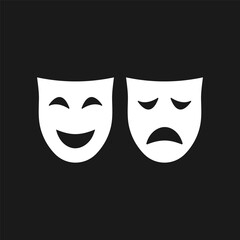 Black and white theatre masks. Drama masks icon in black and white. Happy and sad theatre mask. Vector