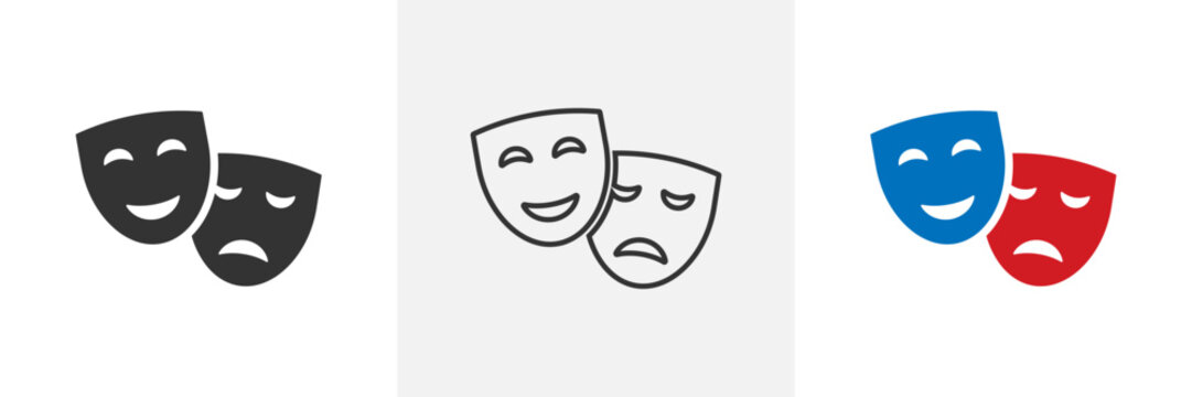 Drama masks in different styles. Theatre masks icons set. Tragedy and comedy masks. Happy and sad masks. Vector
