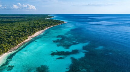 Obraz premium Scenic coastline with sandy beach and calm blue water under clear sky during daytime