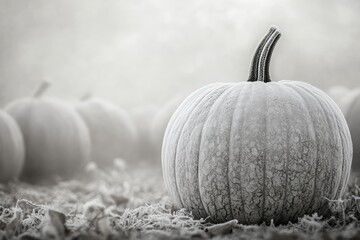 A frost-covered pumpkin sits in a field, surrounded by other pumpkins on a cold autumn morning.