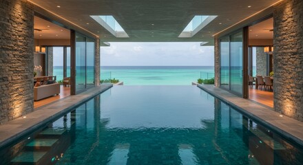 Fototapeta premium Tranquil Beachfront Villa: Infinity Pool and Ocean View - Luxurious beachfront villa, infinity pool, expansive glass panels, blend of stone and wood, tranquil ocean view. Symbolizing luxury, serenity
