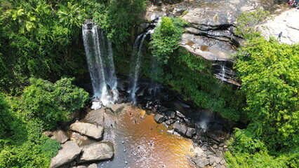 Aerial footage of beautiful Waterfall in Phnom Kulen National Park, Cambodia