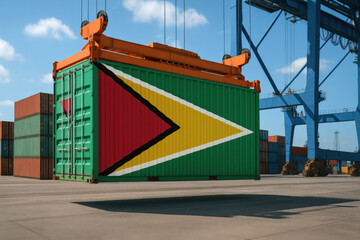 Green shipping container with Guyana flag lifted by crane. Ideal for trade visuals, shipping, or Republic Day themes.
