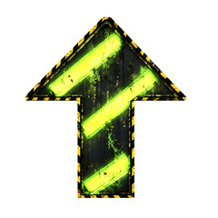 A Glowing Radioactive Green Arrow with Caution Stripes Isolated on Transparent Background